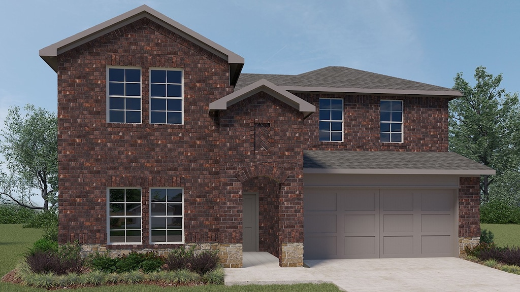 traditional-style home with an attached garage, driveway, and a shingled roof