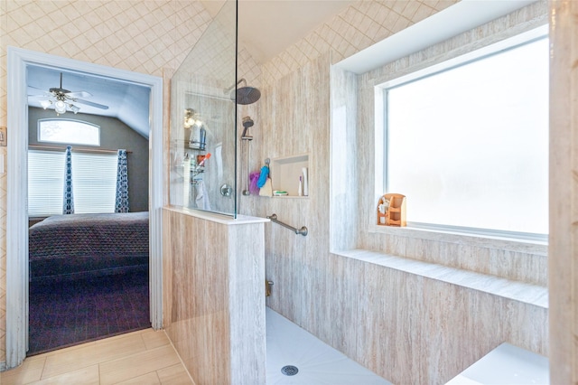 bathroom featuring a walk in shower, ensuite bath, a ceiling fan, and vaulted ceiling