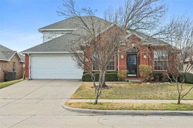 view of front of house with brick siding, concrete driveway, an attached garage, and a shingled roof