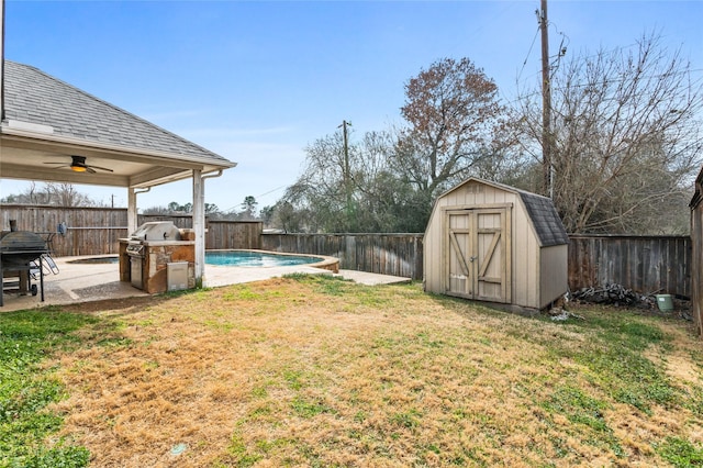 view of yard with a patio area, an outbuilding, a fenced backyard, and a shed