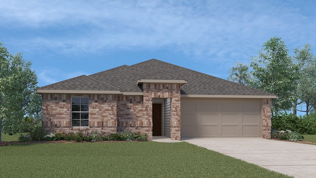 view of front of house featuring a shingled roof, a front lawn, brick siding, and an attached garage