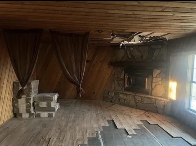 interior space with wood walls, a fireplace, and wood finished floors