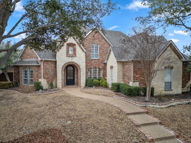 view of front of home with roof with shingles and brick siding