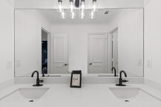 full bathroom with visible vents, crown molding, and vanity