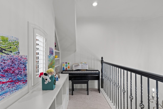 interior space featuring ornamental molding, recessed lighting, and light carpet