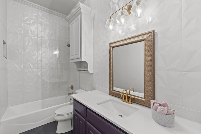 full bath featuring toilet, tile patterned floors,  shower combination, crown molding, and vanity