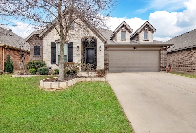 french country home featuring driveway, a garage, roof with shingles, a front lawn, and brick siding