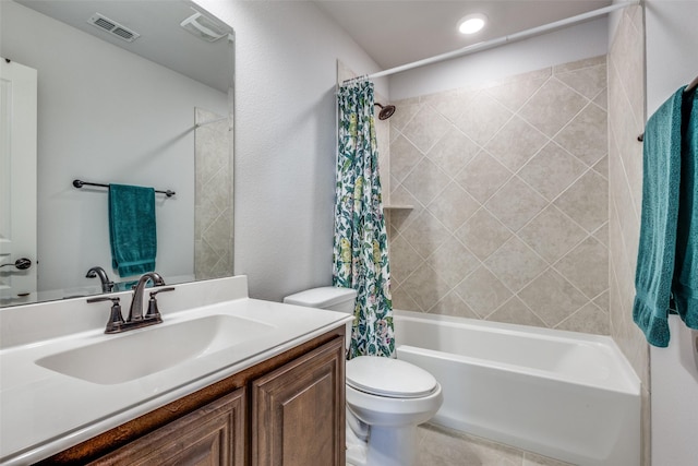 full bathroom with toilet, shower / bathtub combination with curtain, visible vents, and vanity