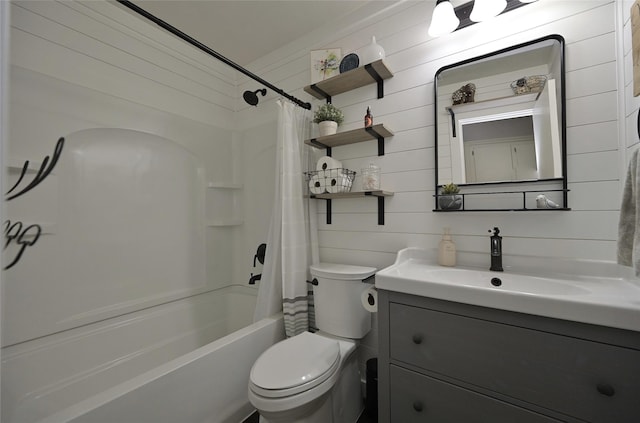 full bath featuring wooden walls, vanity, toilet, and shower / bathtub combination with curtain