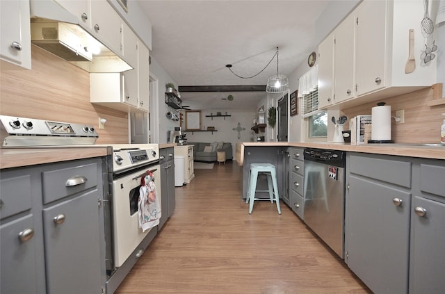 kitchen featuring white range with electric stovetop, dishwasher, gray cabinets, light wood-type flooring, and under cabinet range hood