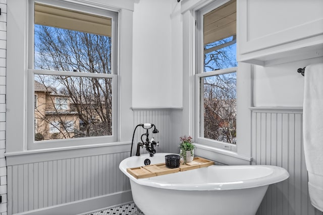 bathroom with a wainscoted wall and a freestanding tub