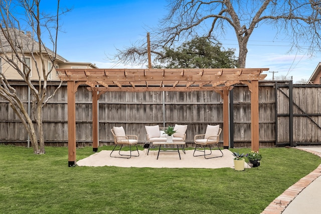 view of yard with a patio area, fence, and a pergola