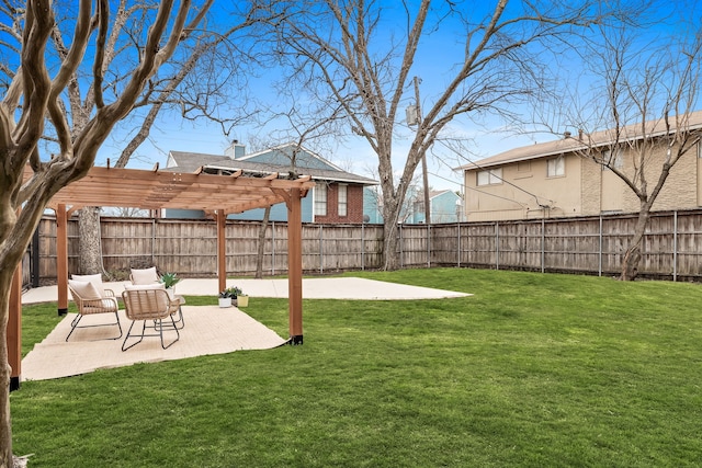 view of yard featuring a fenced backyard, a patio, and a pergola