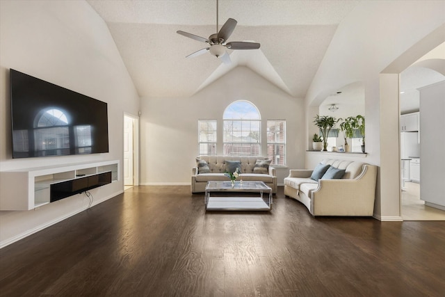 living area featuring high vaulted ceiling, wood finished floors, a ceiling fan, and baseboards