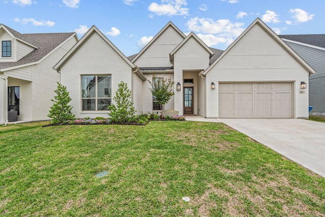 view of front of property with a garage, concrete driveway, brick siding, and a front lawn