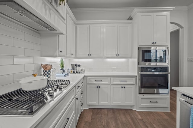 kitchen with dark wood finished floors, crown molding, custom exhaust hood, stainless steel appliances, and white cabinetry