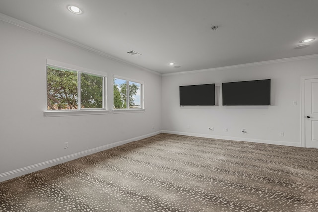 spare room with ornamental molding, recessed lighting, visible vents, and baseboards