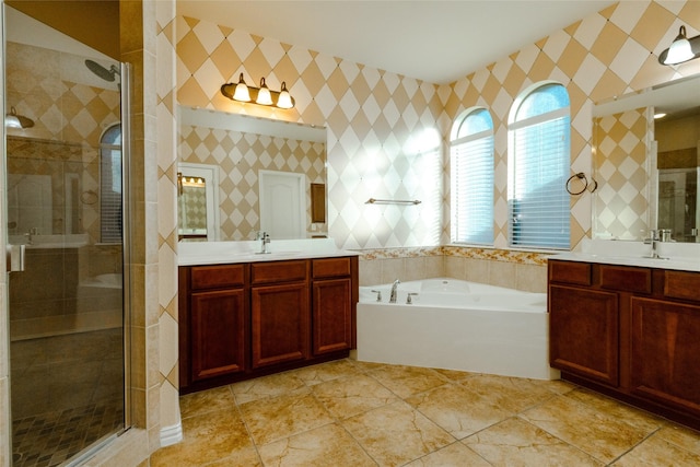 bathroom with a shower stall, two vanities, and a sink