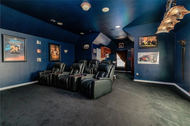 cinema room featuring recessed lighting, baseboards, lofted ceiling, and carpet floors