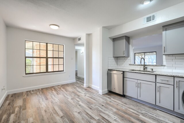 kitchen with tasteful backsplash, visible vents, gray cabinetry, a sink, and dishwasher