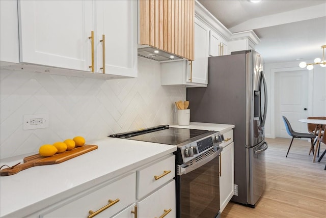 kitchen featuring electric range, exhaust hood, white cabinetry, light countertops, and decorative backsplash