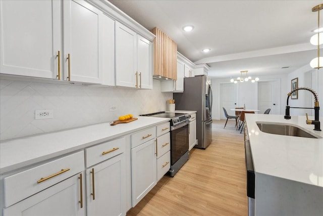 kitchen with white cabinetry, appliances with stainless steel finishes, light countertops, and a sink