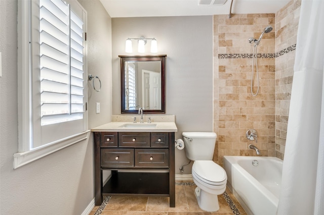 bathroom with tile patterned flooring, toilet, vanity, baseboards, and shower / tub combo with curtain