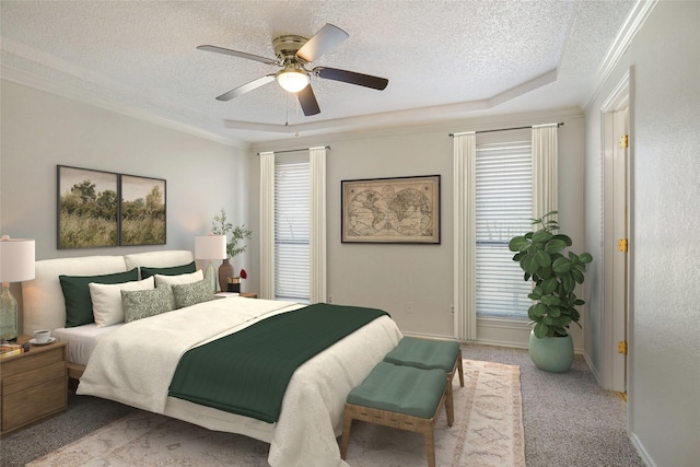 carpeted bedroom featuring a textured ceiling, ceiling fan, baseboards, and crown molding