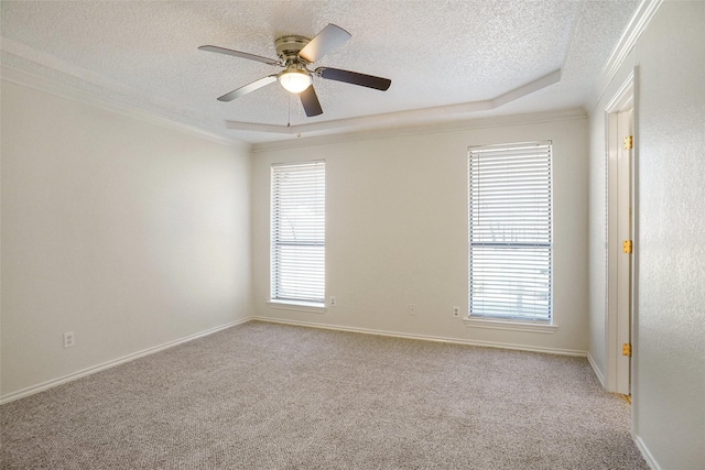 carpeted spare room with ornamental molding, a wealth of natural light, and a textured ceiling