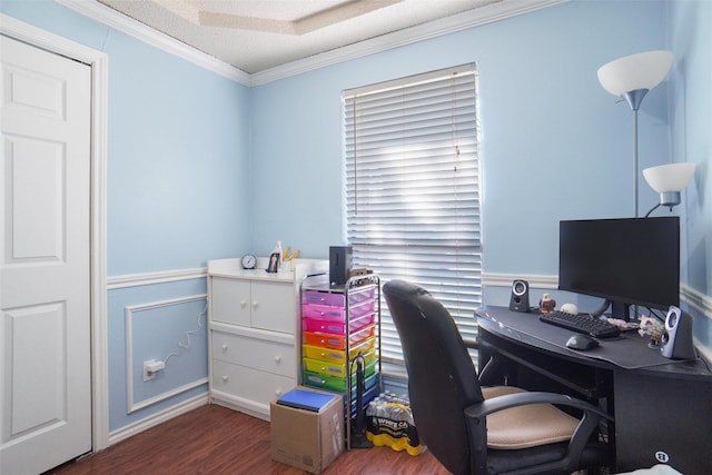 office space featuring ornamental molding and dark wood-type flooring