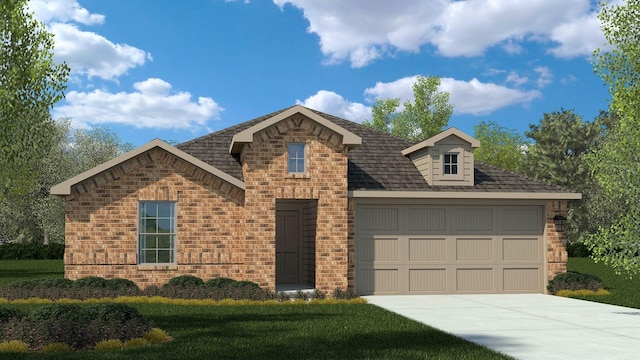 view of front facade featuring an attached garage, a front lawn, concrete driveway, and brick siding