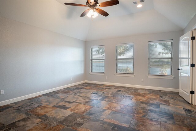 510 Meadow Pond Ct, Runaway Bay, TX 76426 - spare room featuring baseboards, lofted ceiling, and a ceiling fan