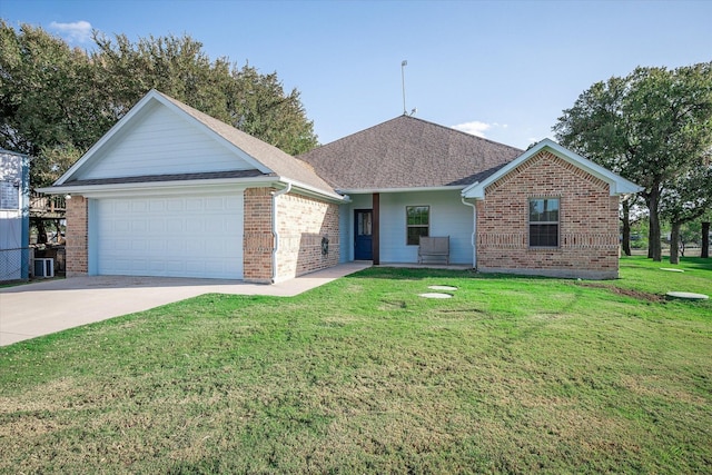 510 Meadow Pond Ct, Runaway Bay, TX 76426 - ranch-style house with brick siding, a front lawn, roof with shingles, a garage, and driveway