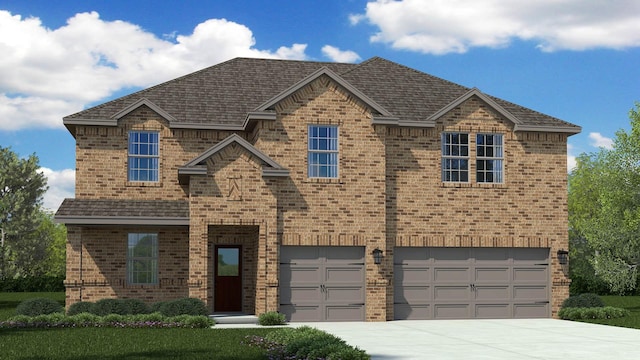 view of front of house with a shingled roof, concrete driveway, brick siding, and an attached garage