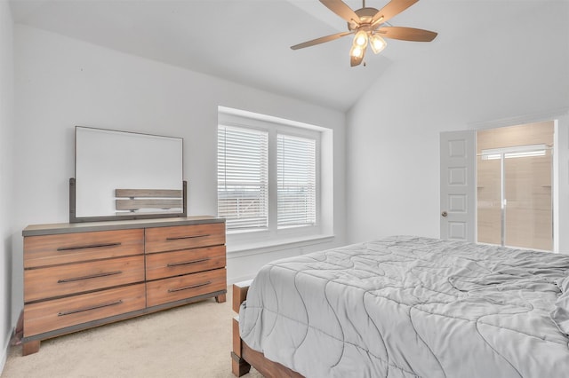 bedroom with light carpet, a ceiling fan, and lofted ceiling