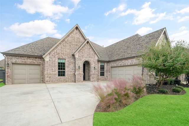 french provincial home with brick siding, roof with shingles, a garage, driveway, and a front lawn