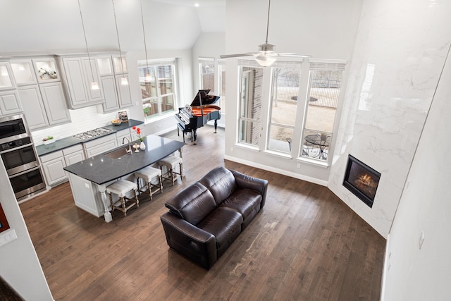 living room with lofted ceiling, a premium fireplace, dark wood finished floors, and baseboards