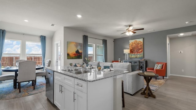 kitchen with visible vents, white cabinetry, a sink, plenty of natural light, and dishwasher