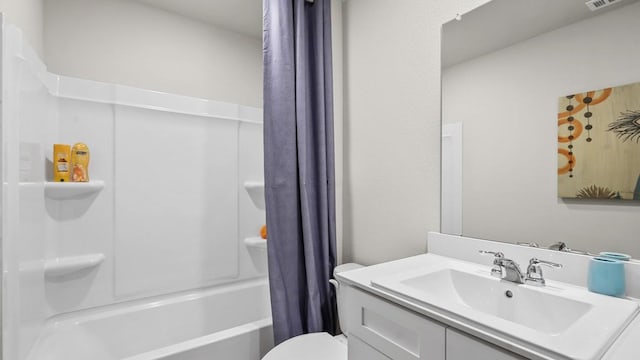 full bathroom with shower / bathtub combination with curtain, visible vents, vanity, and toilet