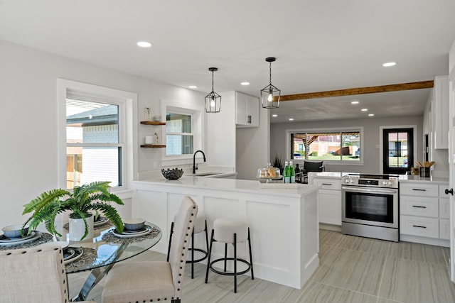 kitchen with white cabinetry, stainless steel electric range oven, a peninsula, and a sink