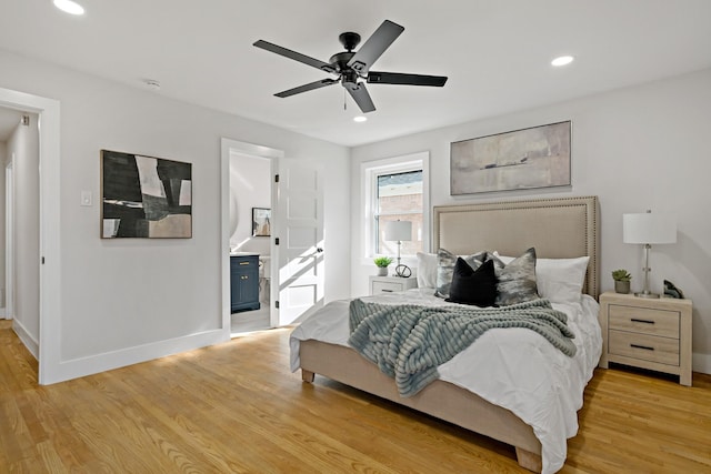 bedroom with a ceiling fan, light wood-type flooring, baseboards, and recessed lighting