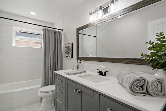 full bathroom with shower / bath combination with curtain, vanity, toilet, and tile patterned floors