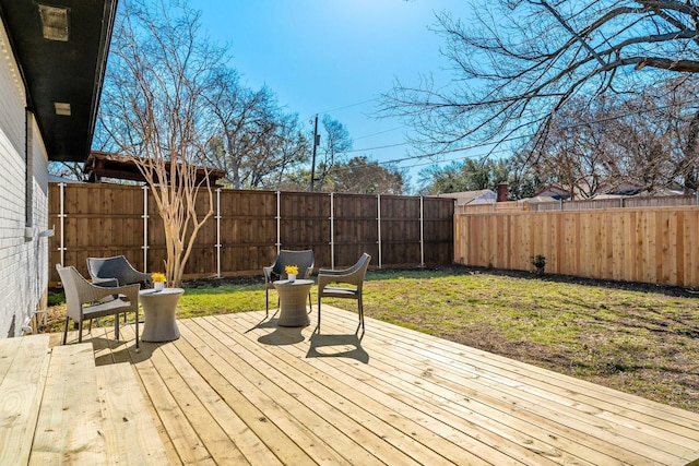 wooden terrace with a lawn and a fenced backyard