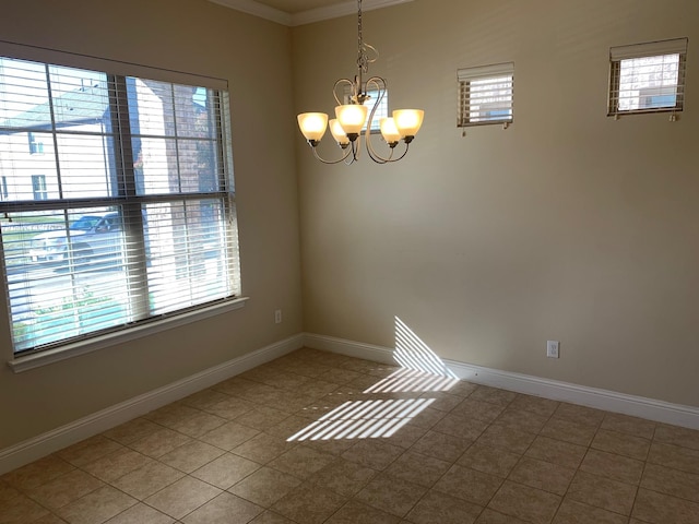 tiled spare room featuring a healthy amount of sunlight, baseboards, and a chandelier