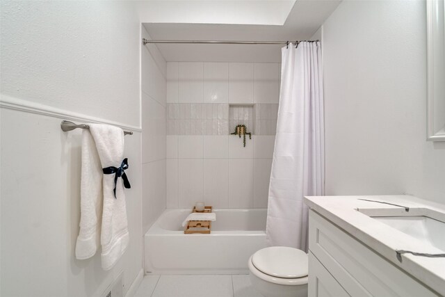 13660 Purple Sage Rd, Dallas, TX 75240 - bathroom featuring tile patterned flooring, shower / tub combo with curtain, vanity, and toilet