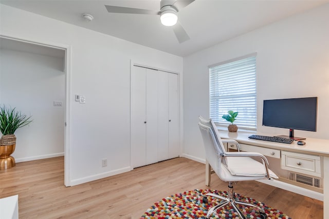 13660 Purple Sage Rd, Dallas, TX 75240 - office featuring light wood-type flooring, visible vents, baseboards, and a ceiling fan