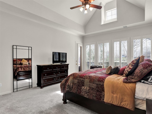 bedroom featuring light carpet, high vaulted ceiling, access to exterior, baseboards, and ceiling fan