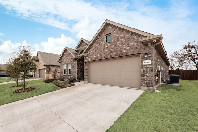 view of front of property with a garage, central AC, brick siding, concrete driveway, and a front yard