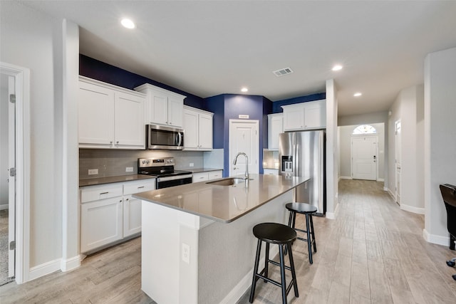 kitchen featuring light wood finished floors, visible vents, decorative backsplash, appliances with stainless steel finishes, and a sink