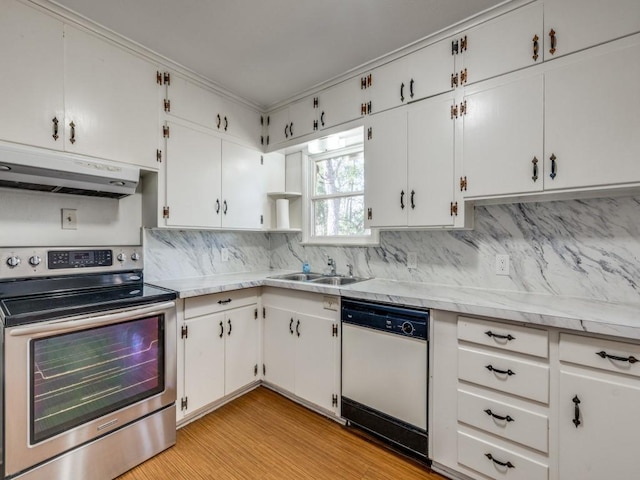 kitchen with under cabinet range hood, a sink, stainless steel electric range, backsplash, and dishwasher